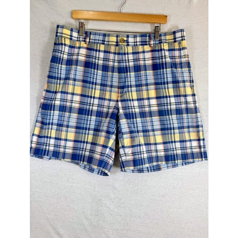 Southern Tide The Skipjack Flat Front Chino Shorts Blue Yellow Plaid, Size 38